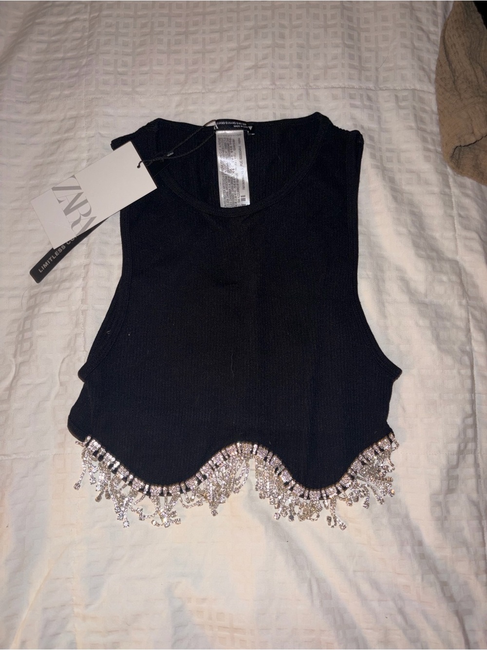 ZARA Black Cropped Tank with Crystal Fringe